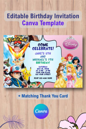 Double Pokémon and Disney Princesses Invitation with Thank You Card
