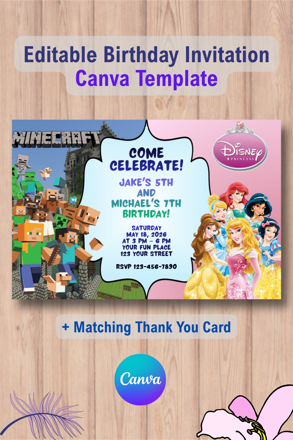 Double Minecraft and Disney Princesses Invitation Canva Template