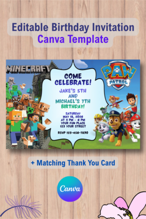 Double Minecraft and Paw Patrol Invitation with Thank You Card