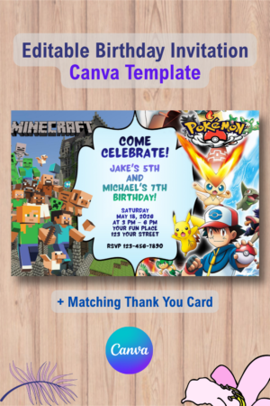 Double Minecraft and Pokémon Invitation with Thank You Card