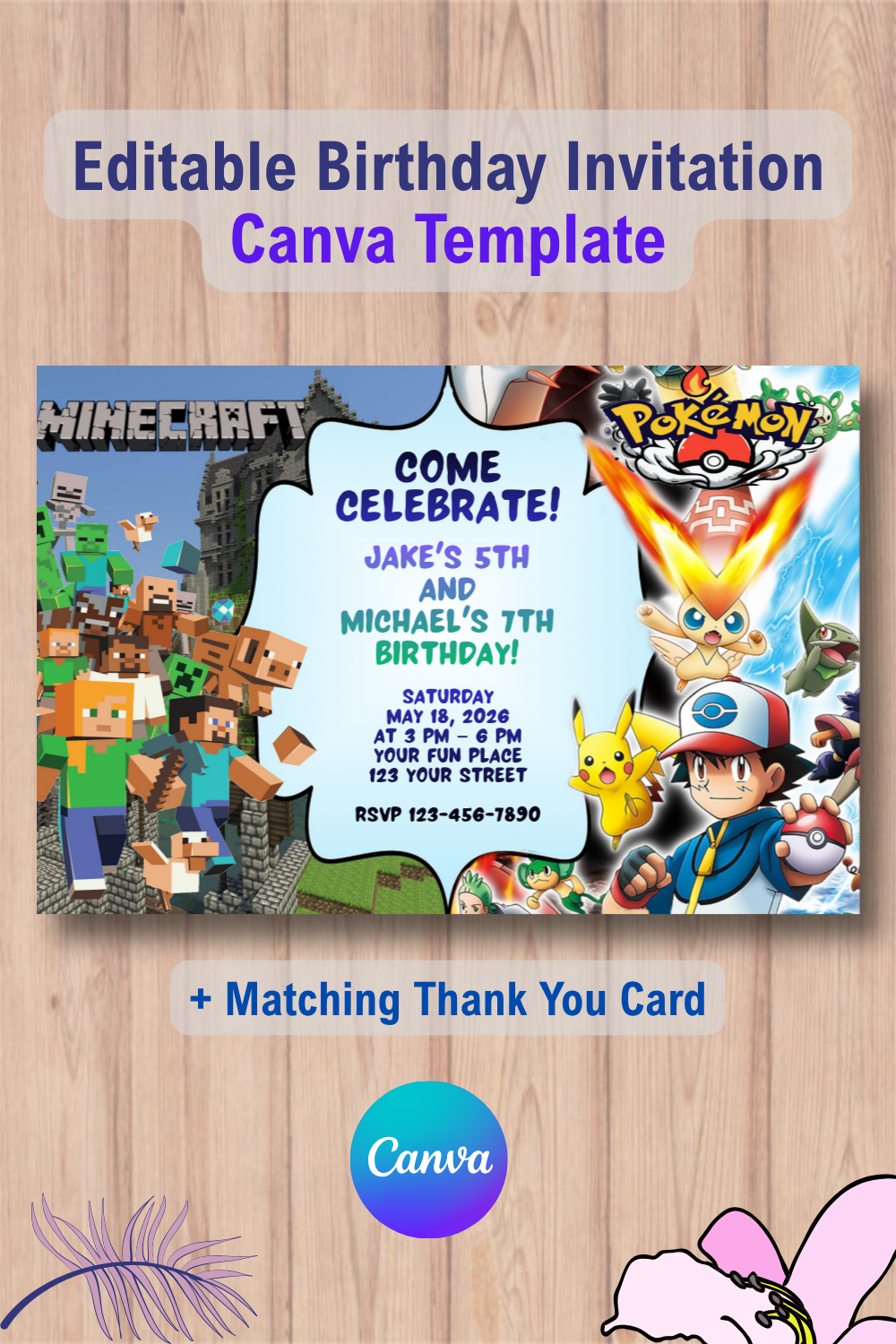 Double Minecraft and Pokémon Invitation Canva Template