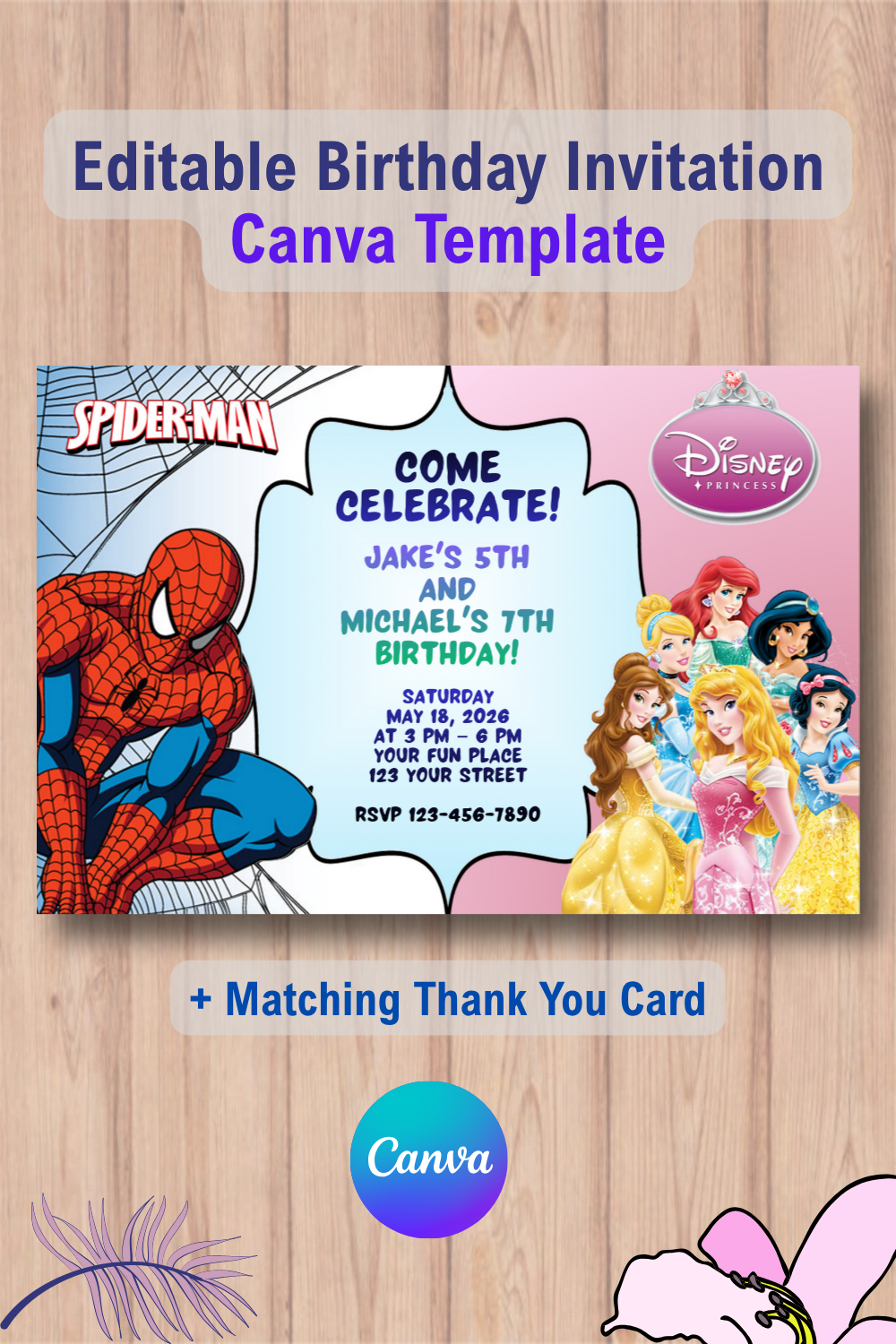 Double Spiderman and Disney Princesses Invitation Canva Template