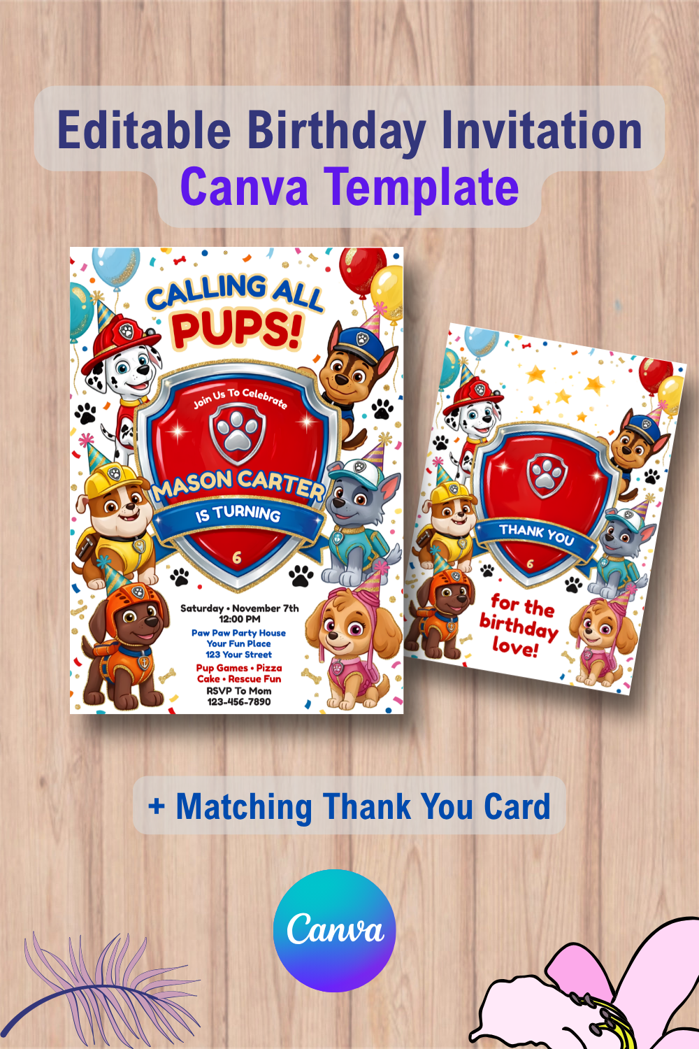 Paw Patrol birthday invitation with Thank You Card Canva Template