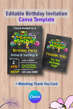 My Singing Monsters birthday invitation with Thank You Card Canva Template