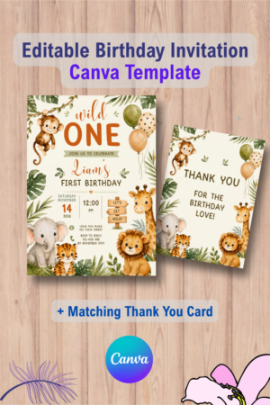 1062 Jungle Animal birthday invitation with Thank You Card