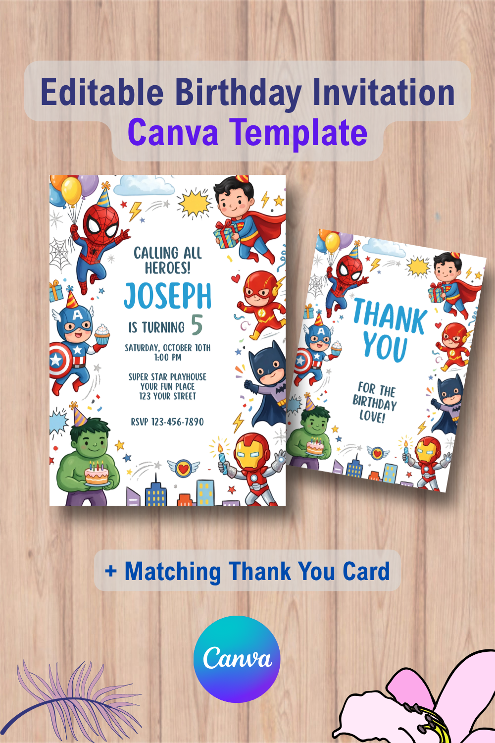 Superhero Birthday Invitation with Thank You Card Canva Template 1 Avengers Superhero Birthday Invitation with Thank You Card Canva Template