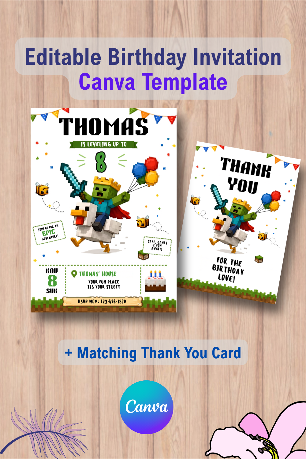 Minecraft birthday invitation with Thank You Card 3 Minecraft birthday invitation with Thank You Card Canva Template
