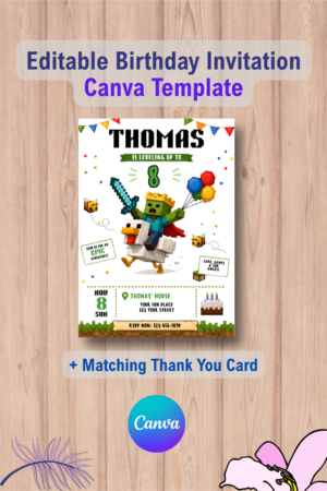 Minecraft birthday invitation with Thank You Card