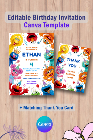 1065 Sesame Street Birthday Invitation with Thank You Card Canva Template