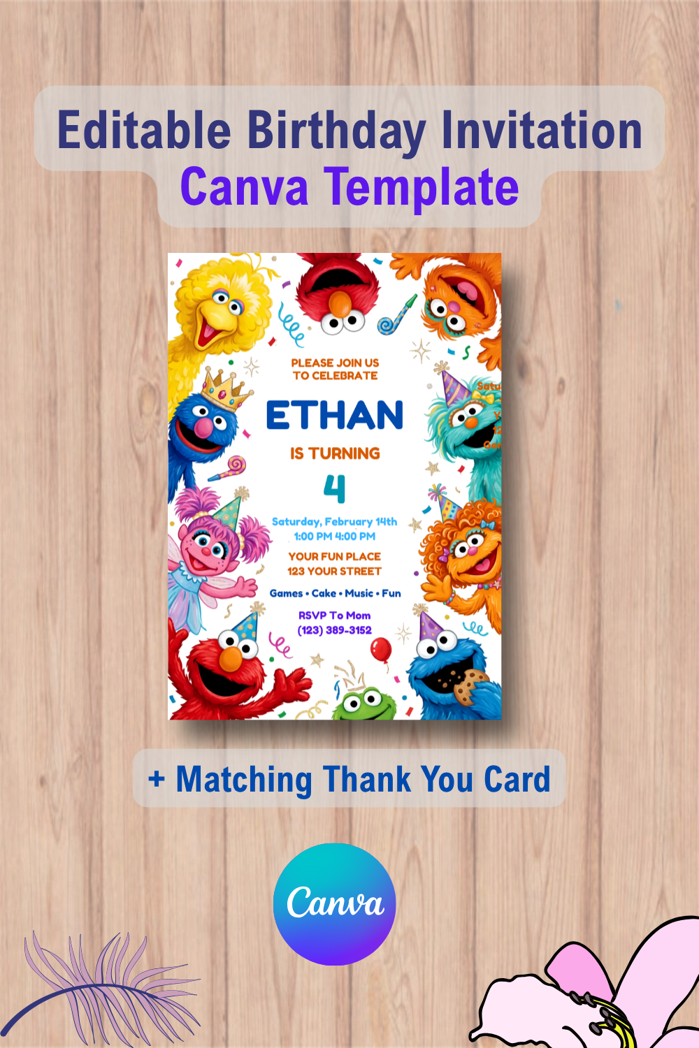 1065 Sesame Street Birthday Invitation with Thank You Card Canva Template