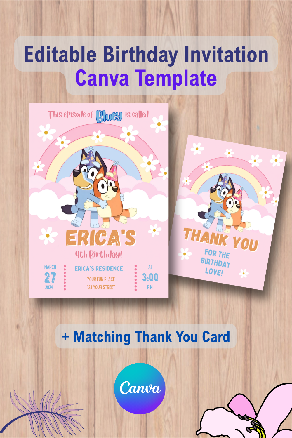 1066 Bluey Birthday Invitation with Thank You Card Canva Template