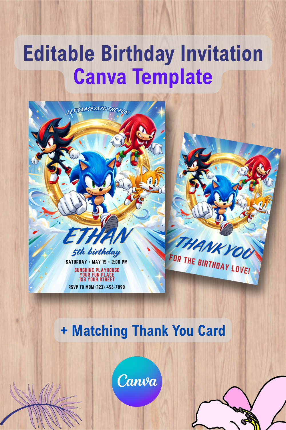 1067 Sonic 3 Birthday Invitation with Thank You Card, The Hedgehog Boys Birthday Party Canva Template