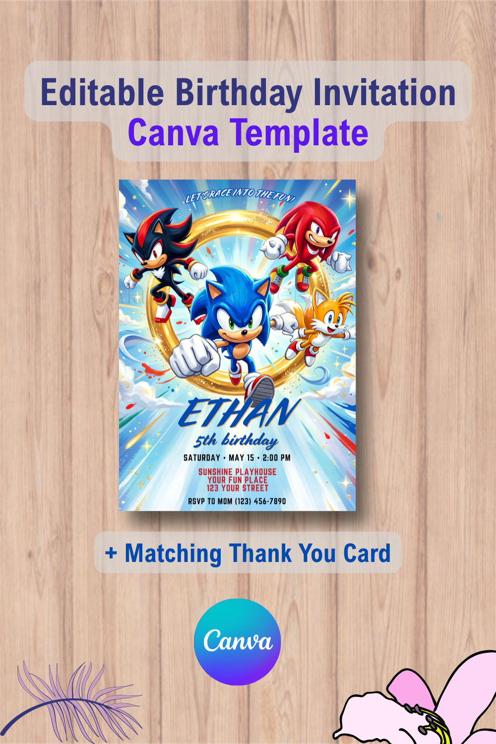 Sonic 3 Birthday Invitation with Thank You Card, The Hedgehog Boys Birthday Party 1 1067 Sonic 3 Birthday Invitation with Thank You Card, The Hedgehog Boys Birthday Party Canva Template