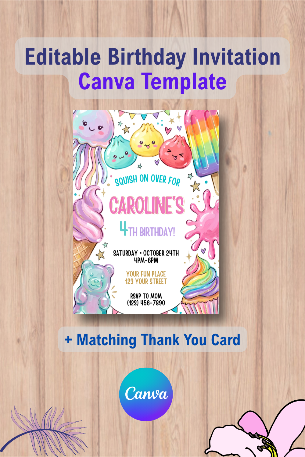 Glitter Dumpling Squishy Birthday Invitation with Thank You Card 3 1068 Glitter Dumpling Squishy Birthday Invitation with Thank You Card Canva Template