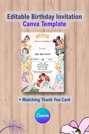 Watercolor Disney Princess Birthday Invitation with Thank You Card