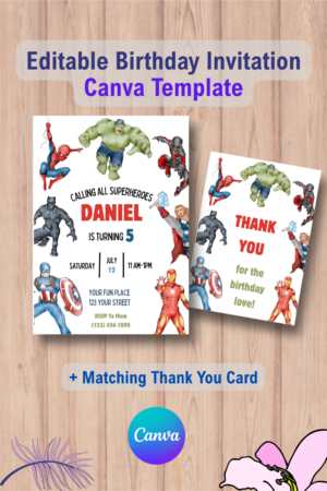 Avengers Birthday Party Invitation with Thank You Card
