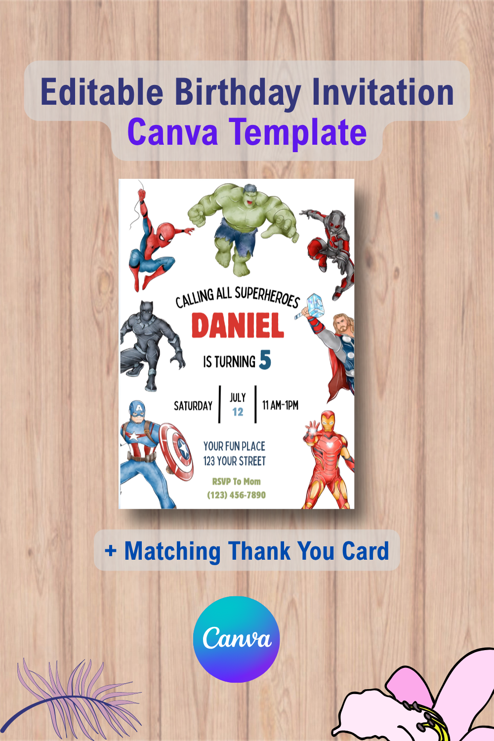 1071 Avengers Birthday Party Invitation with Thank You Card Canva Template