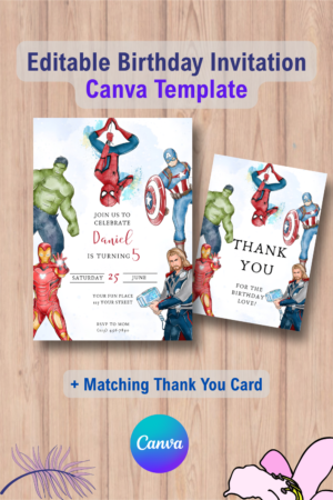 Avengers Party Editable Superheroes Birthday Invitation Template with Thank You Card