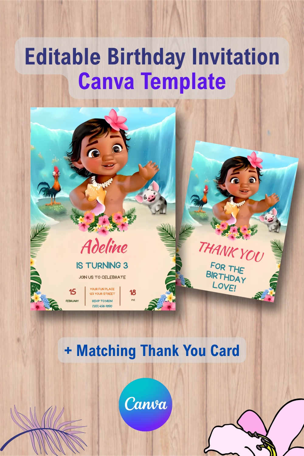Baby Moana Birthday Invitation with Thank You Card 1 1073 Baby Moana Birthday Invitation with Thank You Card Canva Template