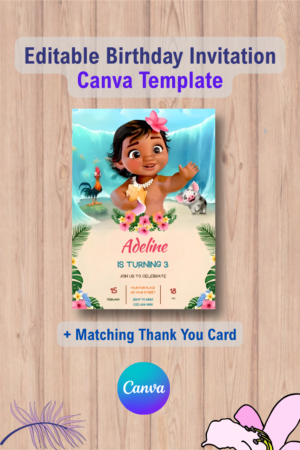 Baby Moana Birthday Invitation with Thank You Card