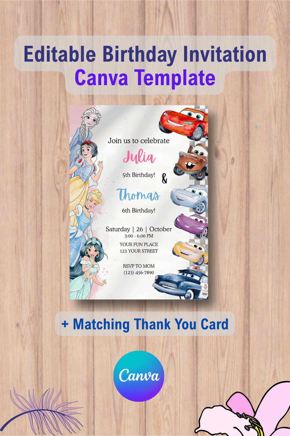 Double Cars and Princesses Birthday Invitation with Thank You Card 3 1074 Double Cars and Princesses Birthday Invitation with Thank You Card Canva Template