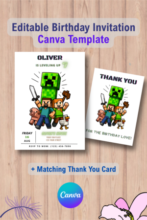 Editable Pixel Minecraft Party Invitation with Thank You Card