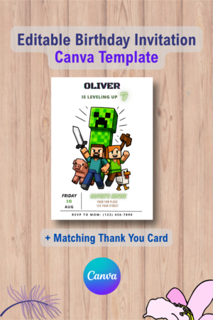 Editable Pixel Minecraft Party Invitation with Thank You Card