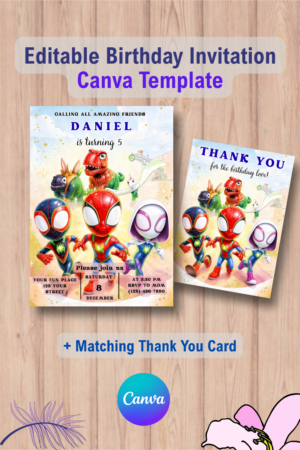 Dinosaur Superhero Birthday Invitation Template with Thank You Card