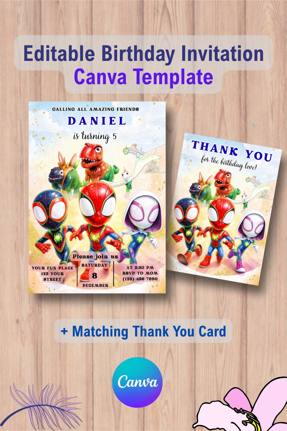 Dinosaur Superhero Birthday Invitation Template with Thank You Card 3 1077 Dinosaur Superhero Birthday Invitation Template with Thank You Card Canva Template