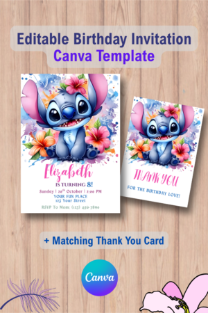 Editable Stitch Birthday Party Invitation Template with Thank You Card