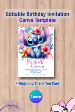 Editable Stitch Birthday Party Invitation Template with Thank You Card