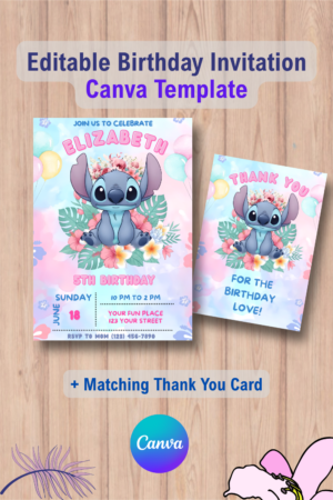 Editable Stitch Birthday Party Invitation Template with Thank You Card