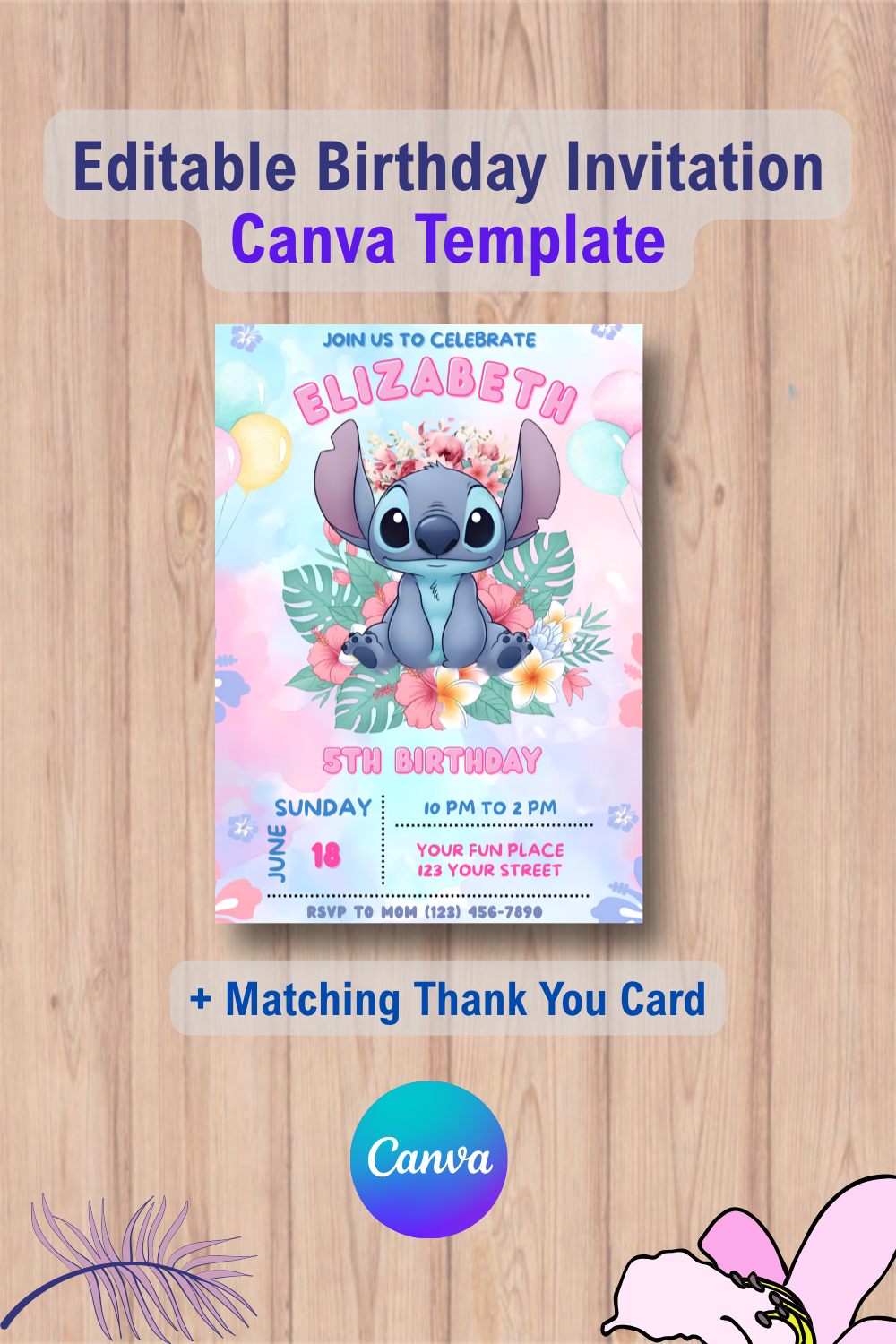Editable Stitch Birthday Party Invitation Template with Thank You Card 1 1079 Editable Stitch Birthday Party Invitation Template with Thank You Card Canva Template
