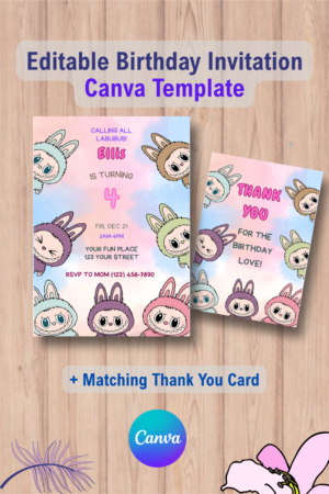 Labubu Printable Party Invitation with Thank You Card