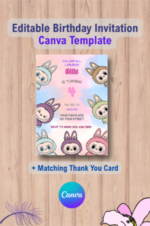 Labubu Printable Party Invitation with Thank You Card