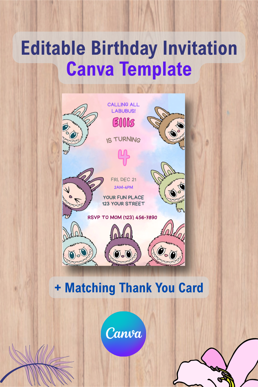 Labubu Printable Party Invitation with Thank You Card 3 1080 Labubu Printable Party Invitation with Thank You Card Canva Template