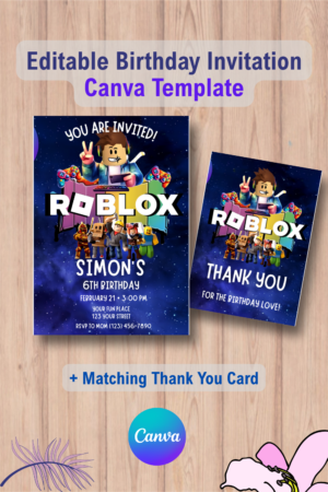 Roblox Birthday party invitation with Thank You Card