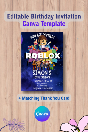 Roblox Birthday party invitation with Thank You Card