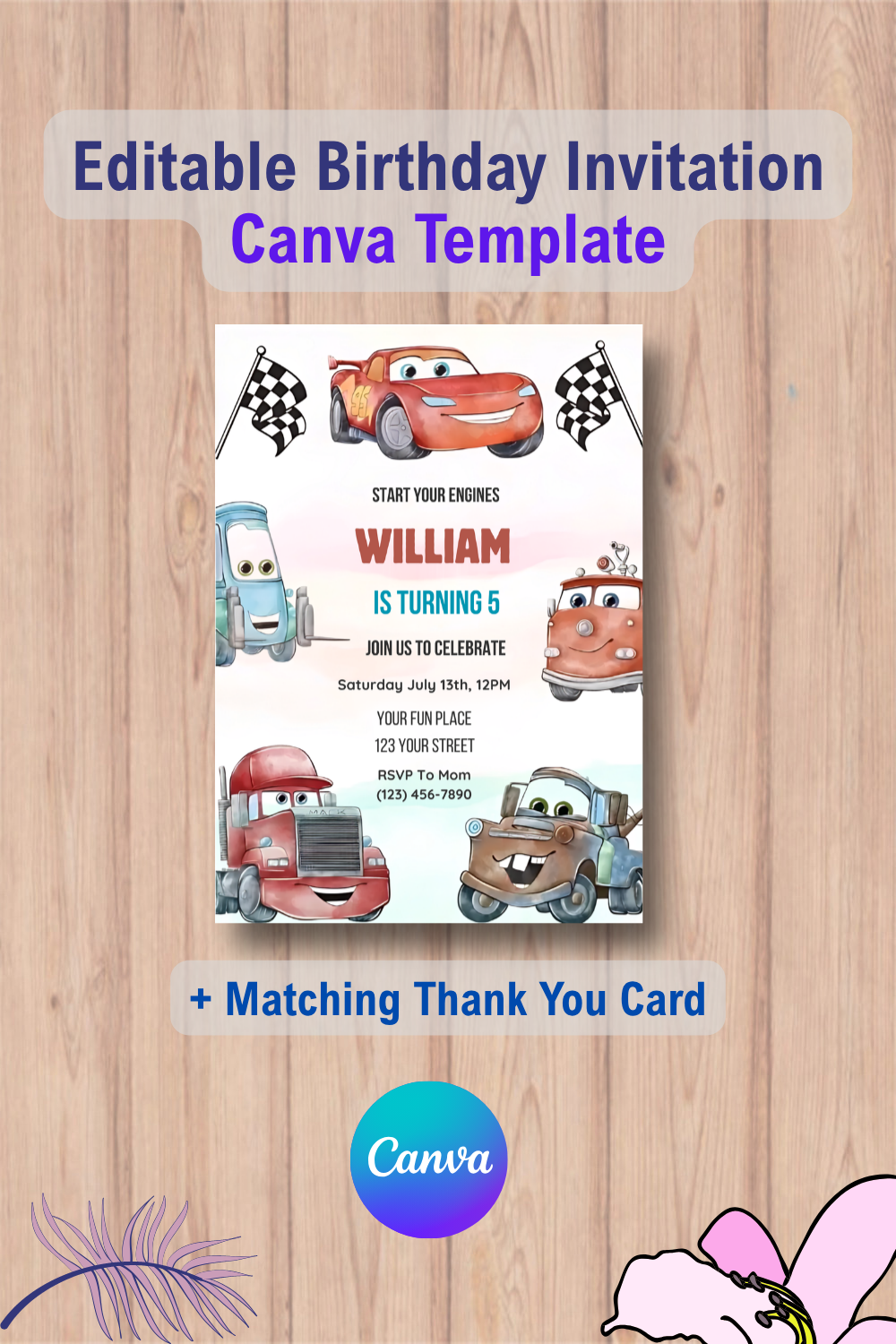Disney Cars McQueen Invitation with Thank You Card 2 1083 Disney Cars McQueen Invitation with Thank You Card Canva Template