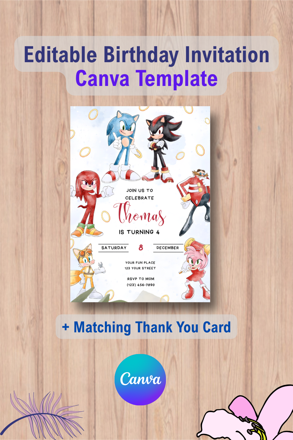 Sonic Birthday Invitation with Thank You Card, Watercolor Sonic Shadow Knuckles Party 1 1084 Sonic Birthday Invitation with Thank You Card, Watercolor Sonic Shadow Knuckles Party Canva Template