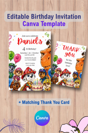 Paw-Ty with dinosaurs Birthday Invitation with Thank You Card