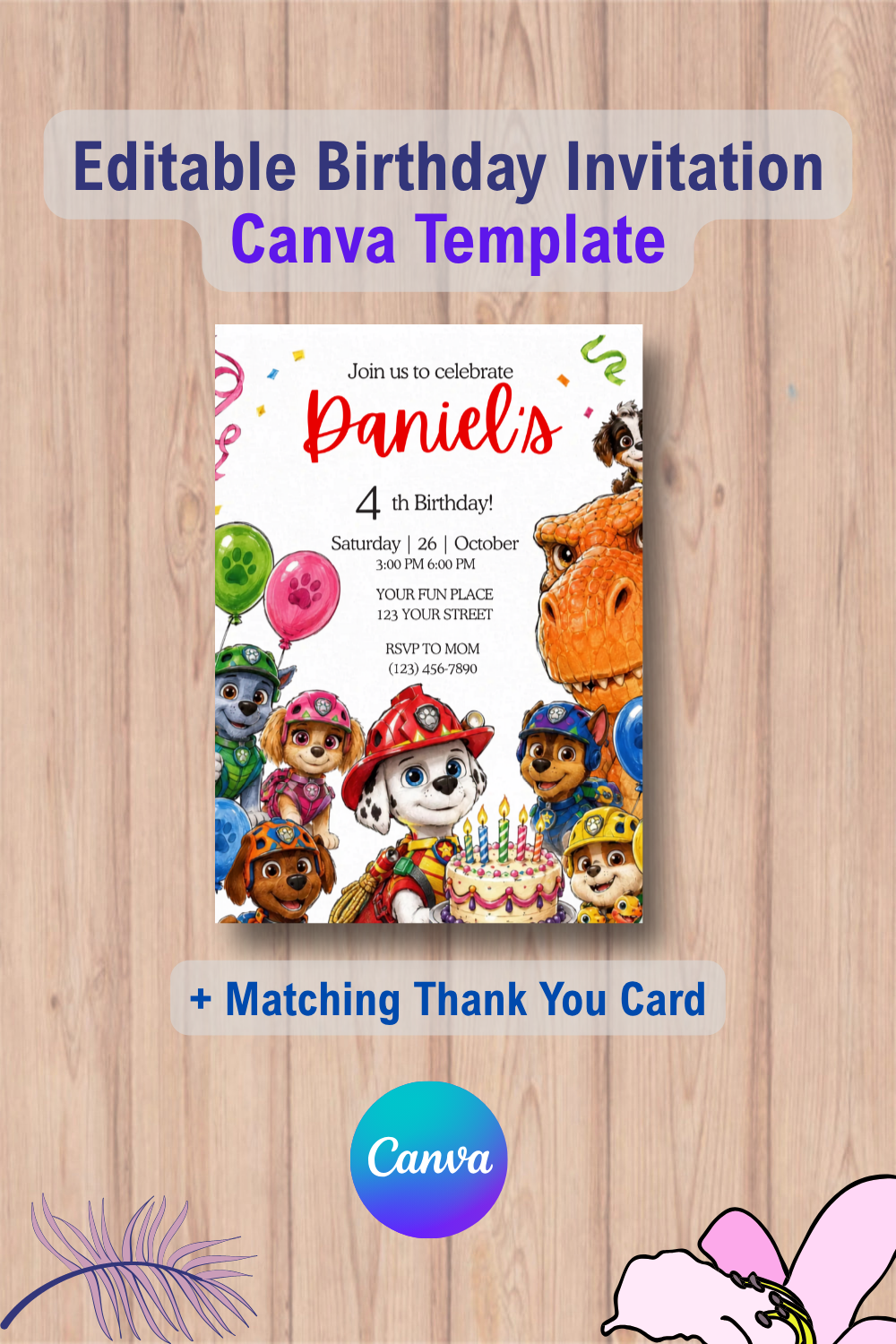 Paw-Ty with dinosaurs Birthday Invitation with Thank You Card 3 1085 Paw-Ty with dinosaurs Birthday Invitation with Thank You Card Canva Template