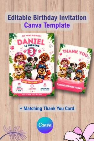 Editable Paw-ty Birthday Invitation Template Paw Patrol party invitation with Thank You Card 8 1086 Editable Paw-ty Birthday Invitation Template, Paw Patrol birthday party invitation with Thank You Card Canva Template