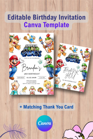Mario Galaxy Birthday Invitation with Thank You Card 1 1087 Mario Galaxy Birthday Invitation with Thank You Card Canva Template