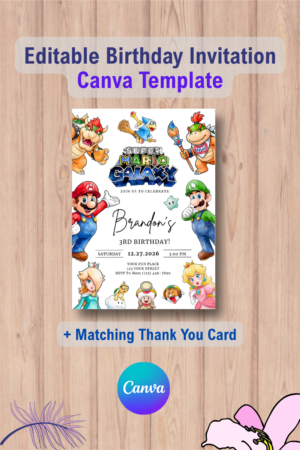Mario Galaxy Birthday Invitation with Thank You Card
