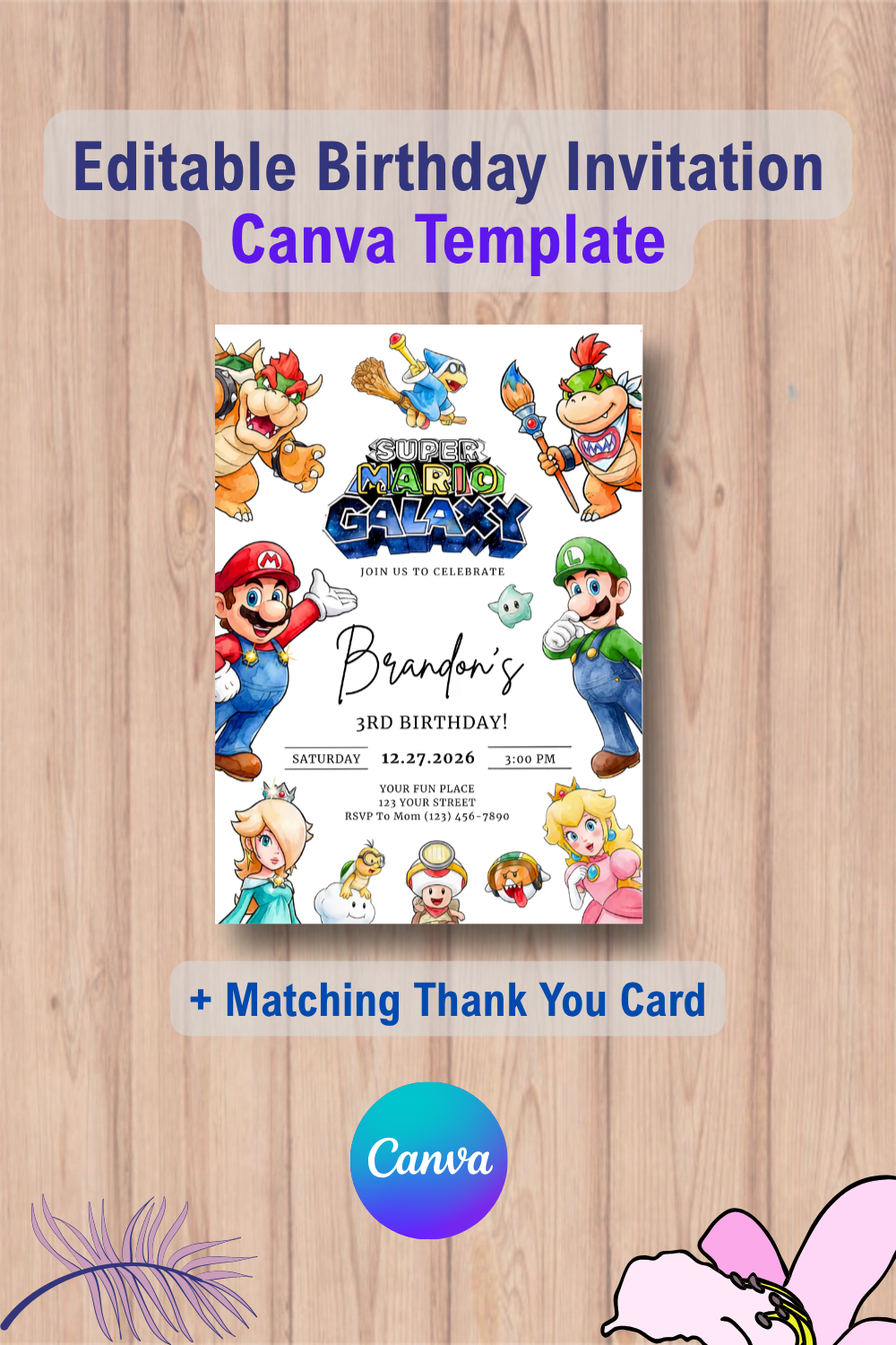 Mario Galaxy Birthday Invitation with Thank You Card 1 1087 Mario Galaxy Birthday Invitation with Thank You Card Canva Template