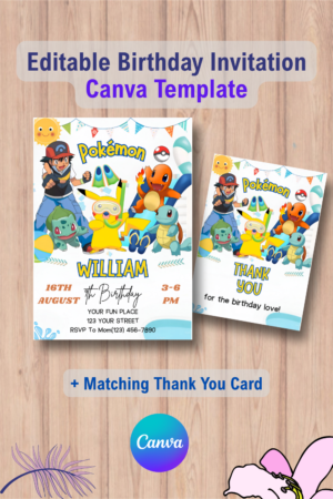 Pokemon Birthday Invitation Template with Thank You Card 3 1090 Pokemon Birthday Invitation Template with Thank You Card Canva Template