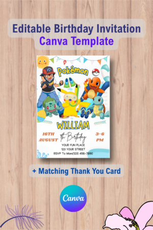 Pokemon Birthday Invitation Template with Thank You Card