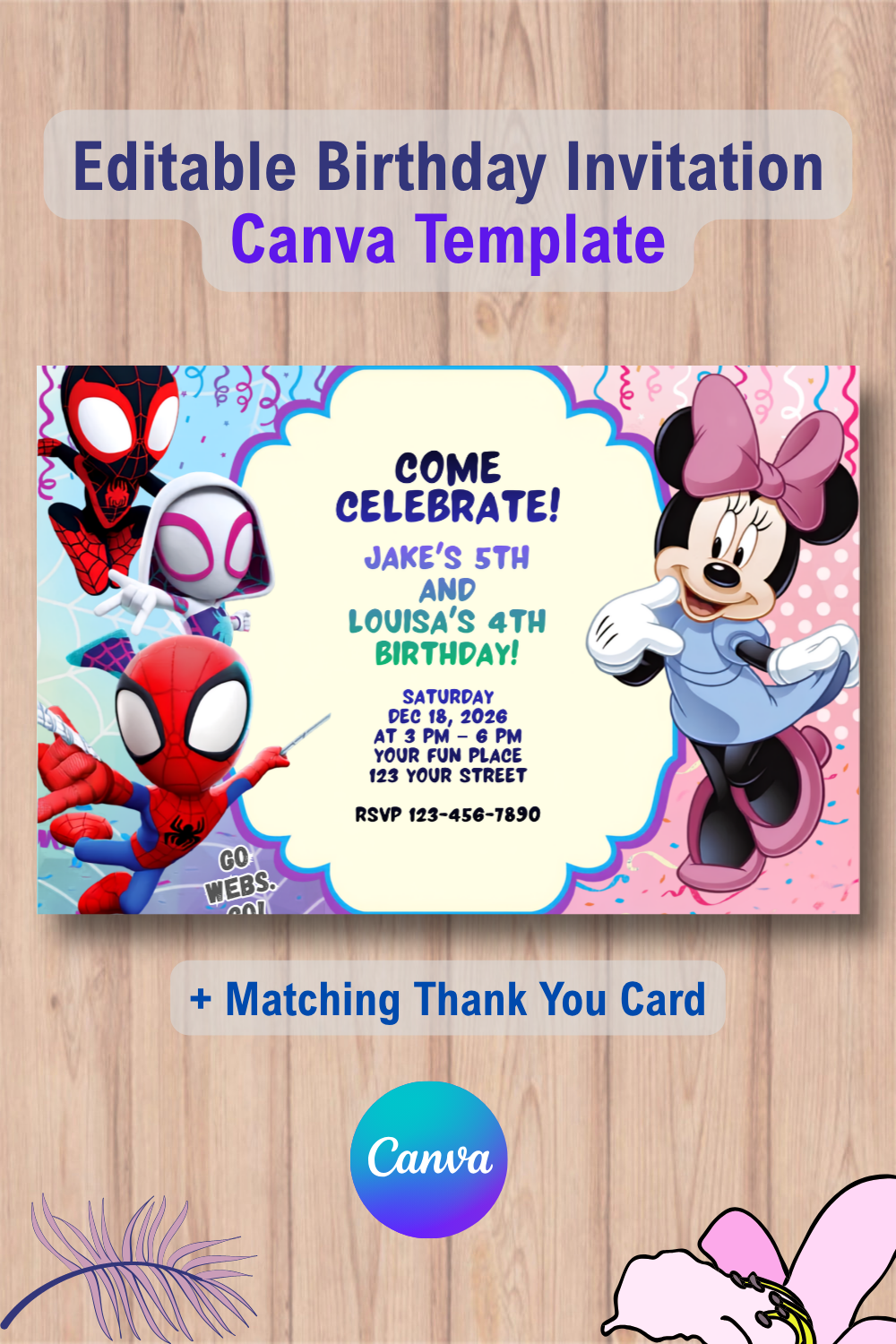 Spidey and Minnie Birthday Invitation with Thank You Card 3 1091 Double Spidey and Minnie Birthday Invitation with Thank You Card Canva Template