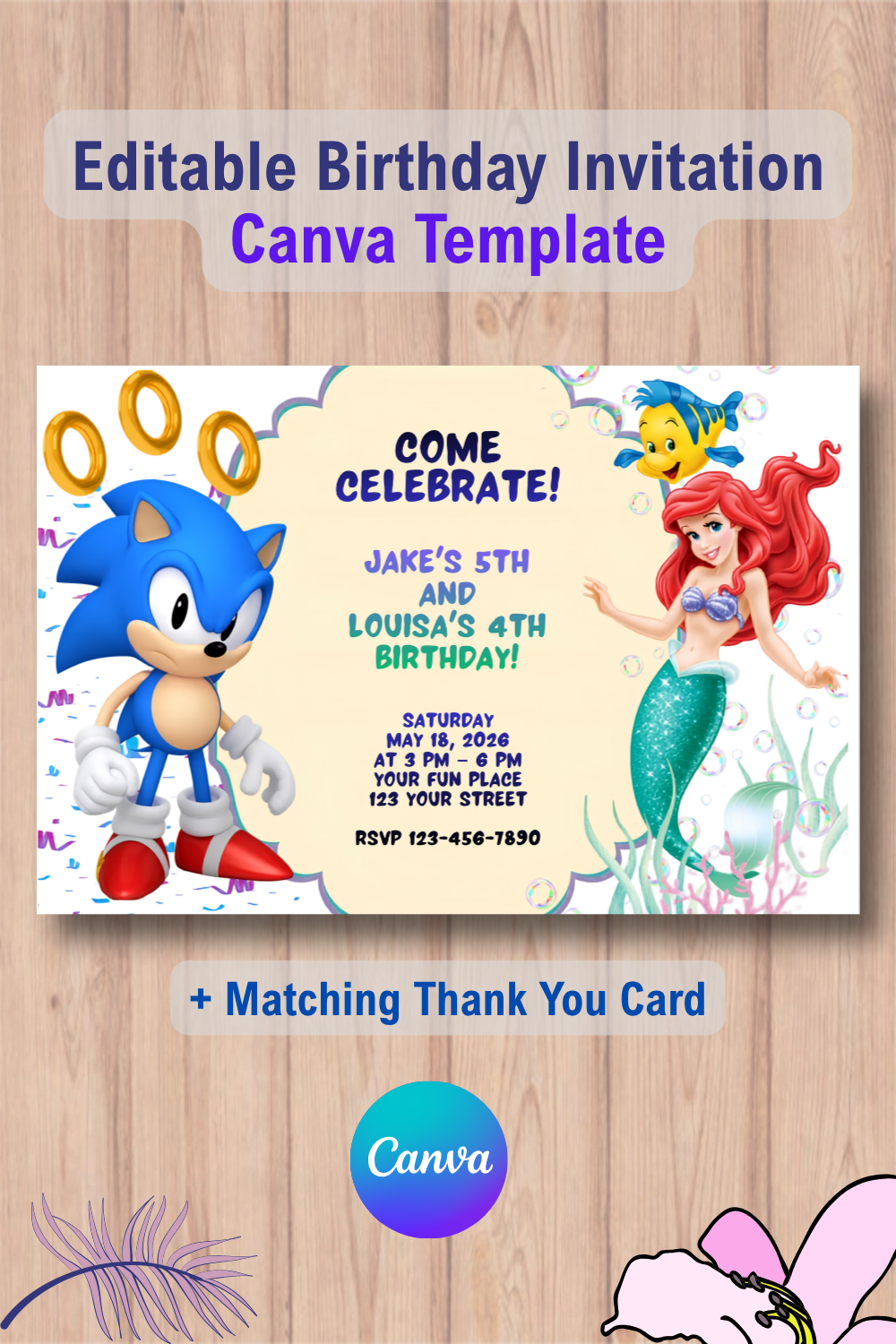 Sonic and Ariel Birthday Invitation with Thank You Card 2 1092 Sonic and Ariel Birthday Invitation with Thank You Card Canva Template
